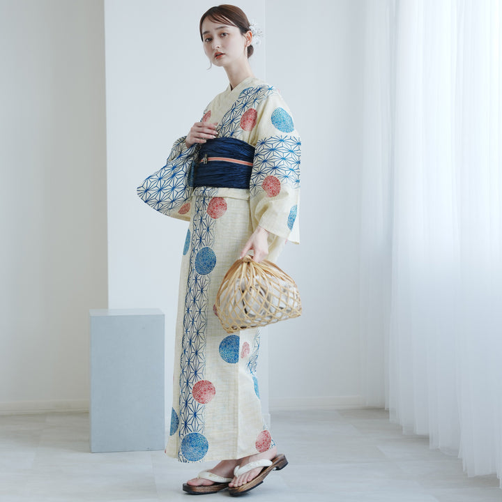 麻の葉に縞の浴衣・浴衣単品 浴衣3点セット（浴衣/帯/下駄） 綿麻 ゆかた フリーサイズ（身長