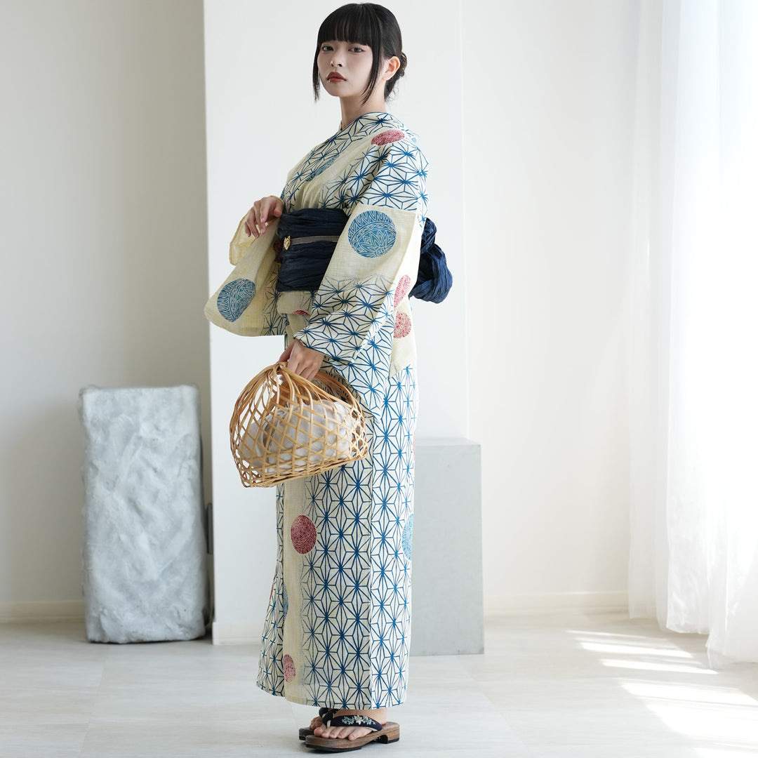 浴衣3点セット（浴衣/帯/下駄） 綿麻 ゆかた フリーサイズ（身長155
