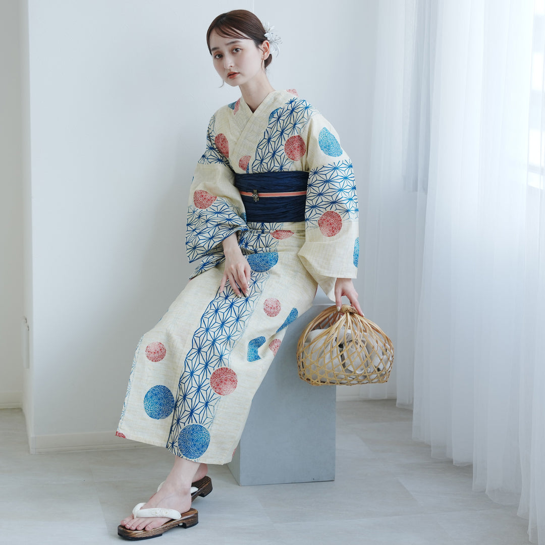 浴衣3点セット（浴衣/帯/下駄） 綿麻 ゆかた フリーサイズ（身長