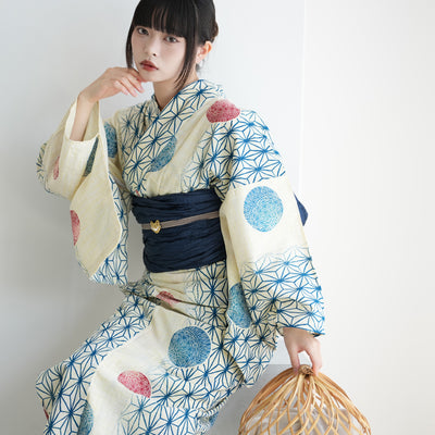 浴衣3点セット（浴衣/帯/下駄） 綿麻 ゆかた フリーサイズ（身長155