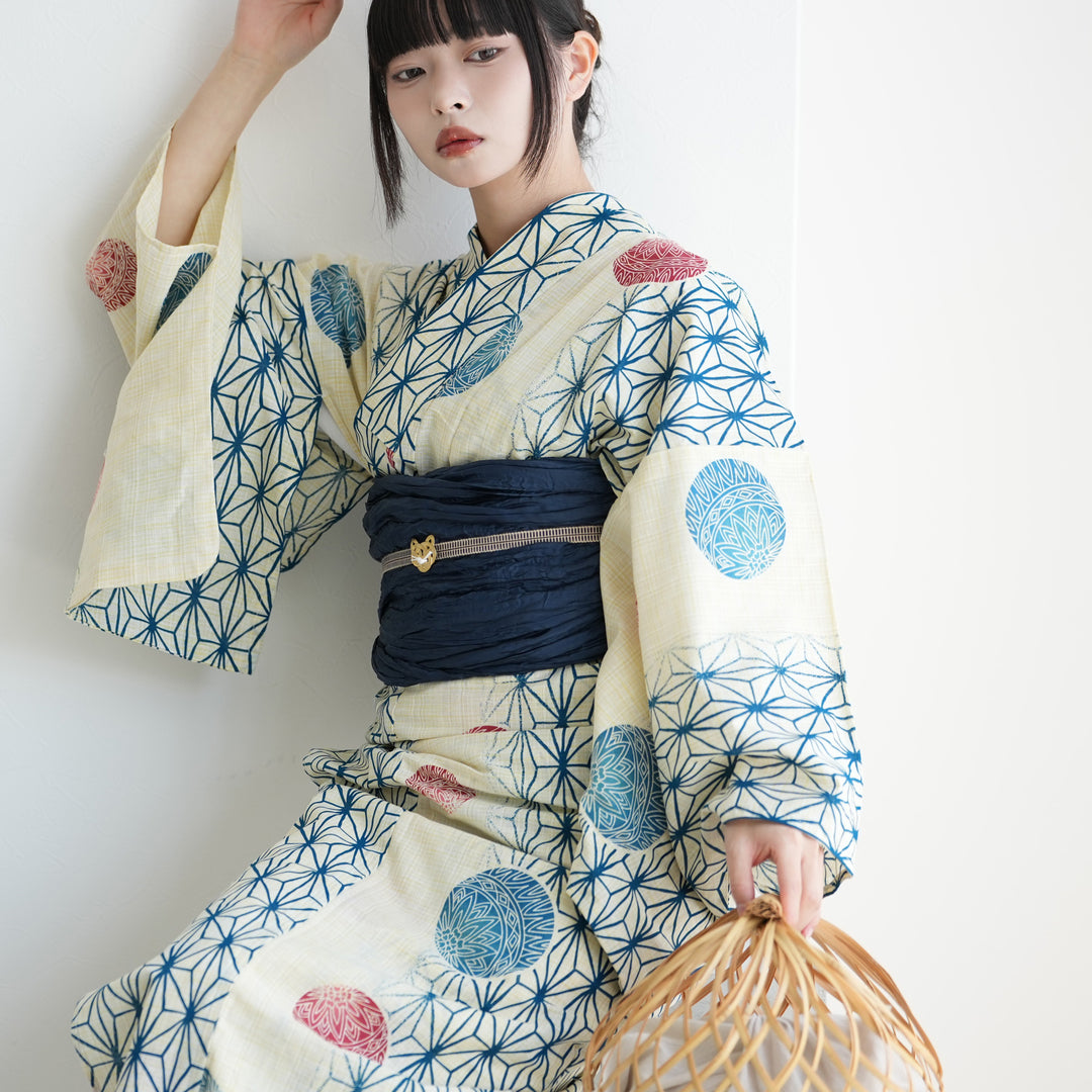 浴衣3点セット（浴衣/帯/下駄） 綿麻 ゆかた フリーサイズ（身長155