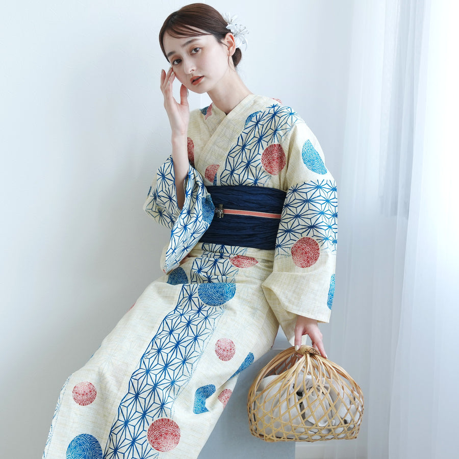 完売サイズ utatane 浴衣 帯 セット ベージュ レトロ モダン 花柄 utatane 浴衣 レディース セット（浴衣 帯 下駄） トールサイズ