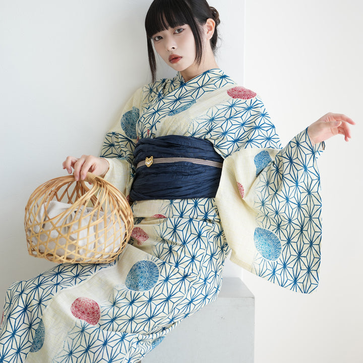 浴衣3点セット（浴衣/帯/下駄） 綿麻 ゆかた フリーサイズ（身長155