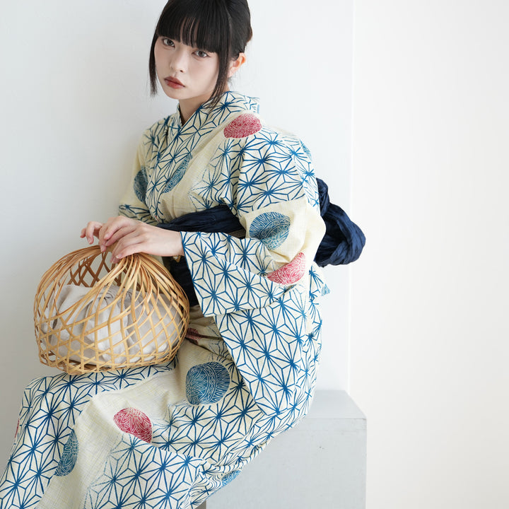 浴衣3点セット（浴衣/帯/下駄） 綿麻 ゆかた フリーサイズ（身長155