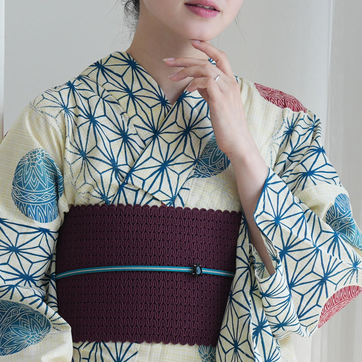 綿麻 浴衣3点セット（浴衣・帯・下駄）先染めベージュ 紺色の麻の葉と