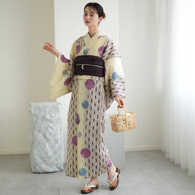 浴衣3点セット（浴衣/帯/下駄） 綿麻 ゆかた フリーサイズ えんじの麻の葉と鞠 （5010077713）