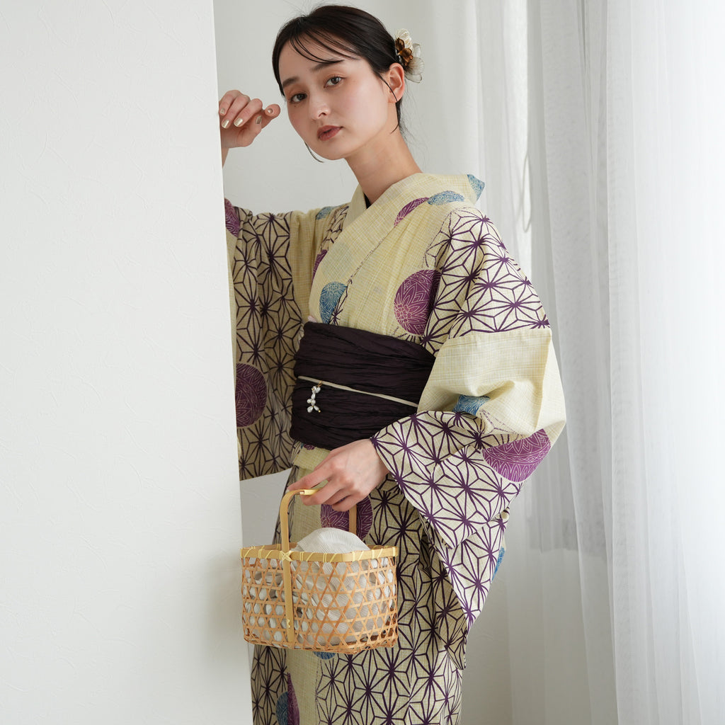 浴衣3点セット（浴衣/帯/下駄） 綿麻 ゆかた フリーサイズ（身長