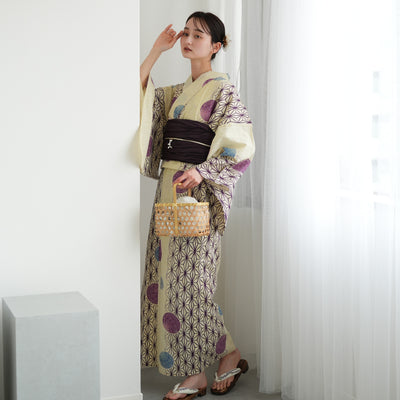 浴衣3点セット（浴衣/帯/下駄） 綿麻 ゆかた フリーサイズ えんじの麻の葉と鞠 （5010077713）