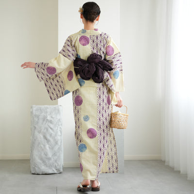 浴衣3点セット（浴衣/帯/下駄） 綿麻 ゆかた フリーサイズ えんじの麻の葉と鞠 （5010077713）