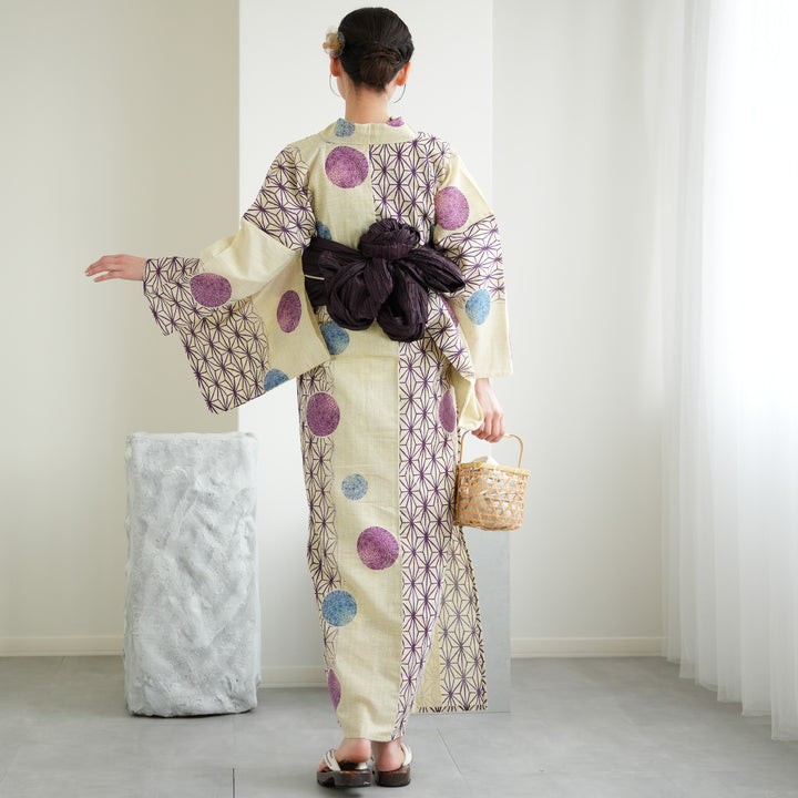 浴衣3点セット 綿麻 紺色の麻の葉と鞠（浴衣）｜utatane