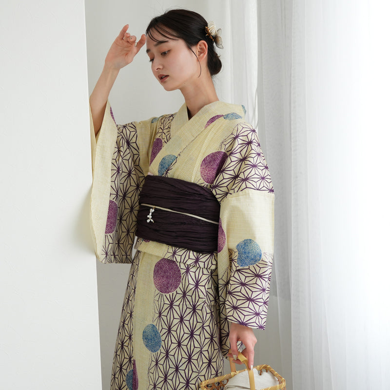 浴衣3点セット（浴衣/帯/下駄） 綿麻 ゆかた フリーサイズ えんじの麻の葉と鞠 （5010077713）