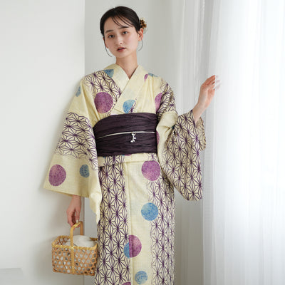 浴衣3点セット（浴衣/帯/下駄） 綿麻 ゆかた フリーサイズ えんじの麻の葉と鞠 （5010077713）