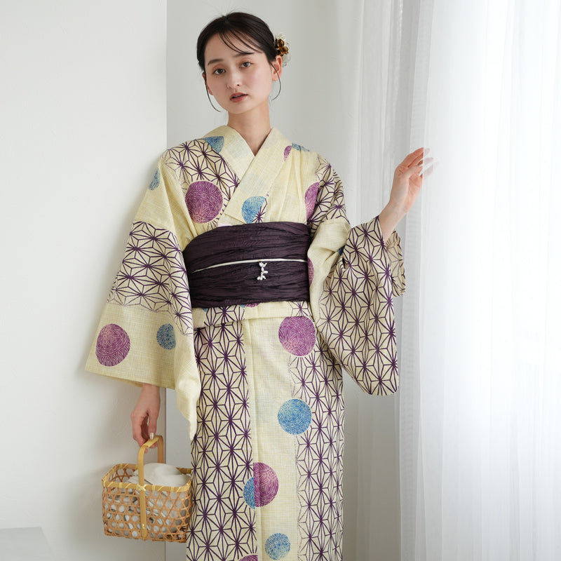 浴衣3点セット（浴衣/帯/下駄） 綿麻 ゆかた フリーサイズ えんじの麻の葉と鞠 （5010077713）