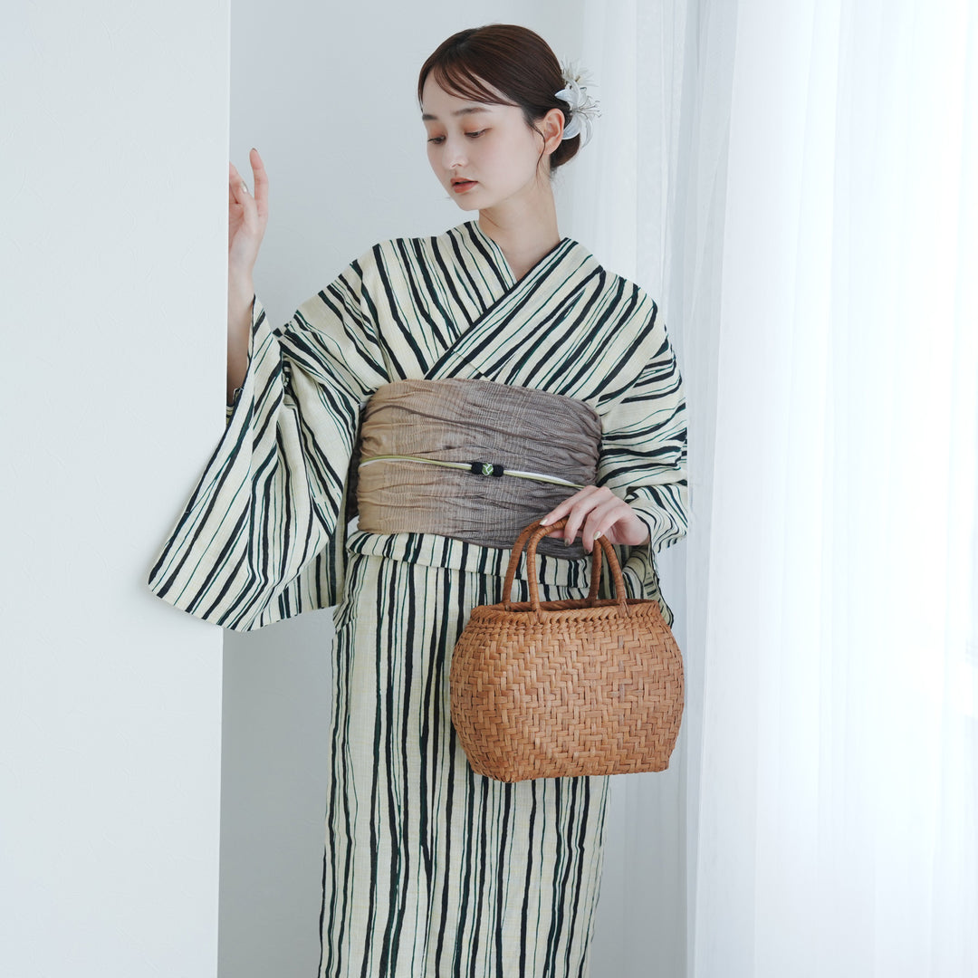 浴衣3点セット（浴衣/帯/下駄） 綿麻 ゆかた フリーサイズ 黒