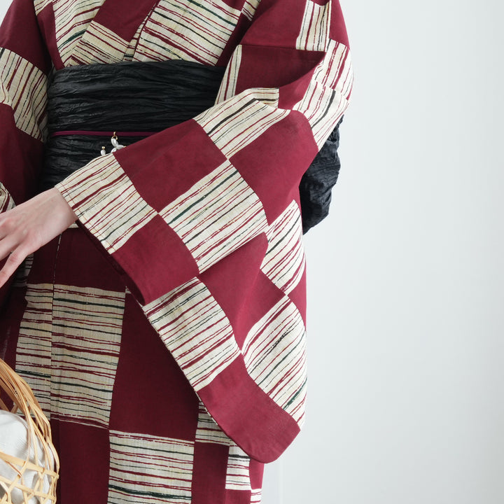 utatane 浴衣 レトロ縞々 市松 浴衣3点セット（浴衣/帯/下駄） 綿麻 ゆかた フリーサイズ