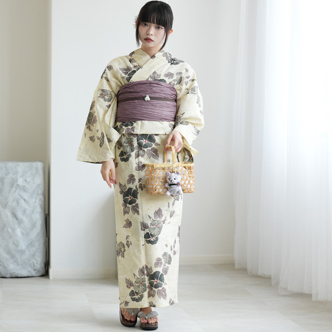 浴衣3点セット（浴衣/帯/下駄） 綿麻 ゆかた フリーサイズ こぼれる