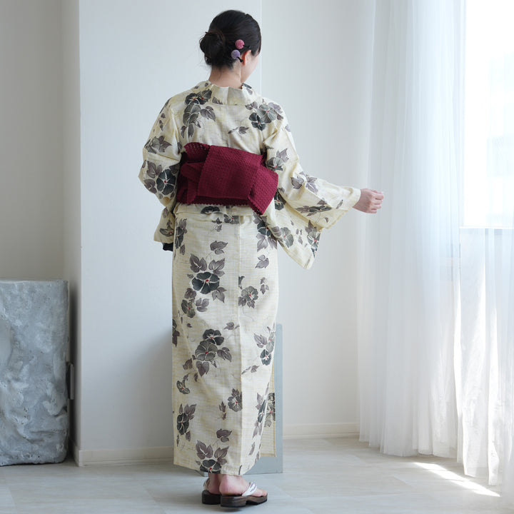 綿麻 浴衣3点セット（浴衣・帯・下駄）先染めベージュ こぼれる朝顔