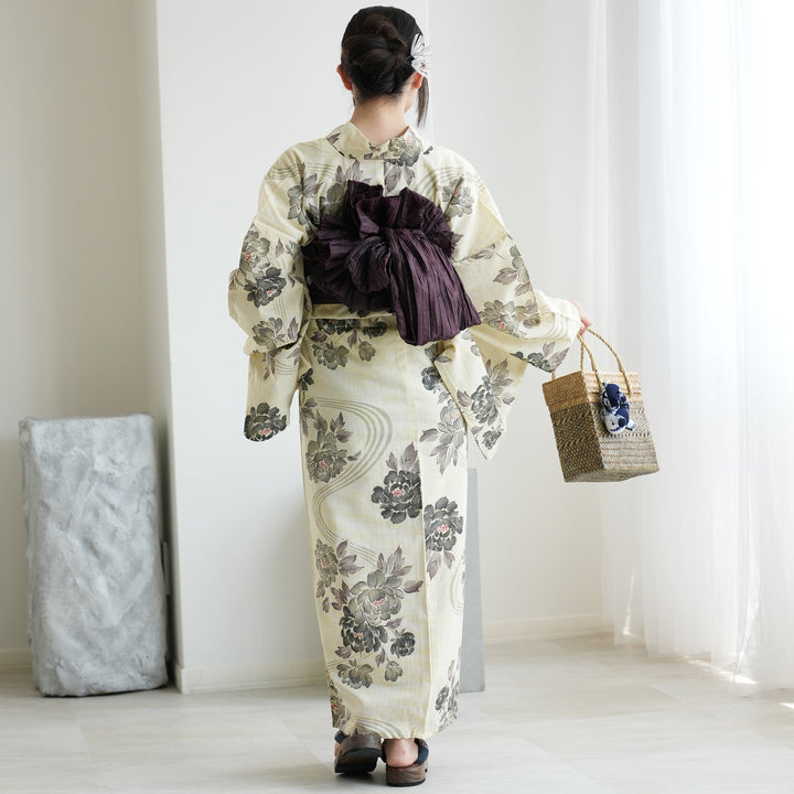 浴衣3点セット（浴衣/帯/下駄） 綿麻 ゆかた フリーサイズ 儚い牡丹