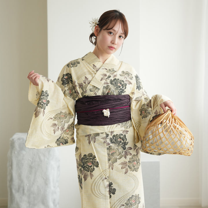 hinari × utatane浴衣セット 牡丹 浴衣 帯 下駄 あり 浴衣3点セット（浴衣/帯/下駄） 綿麻 ゆかた フリーサイズ 儚い