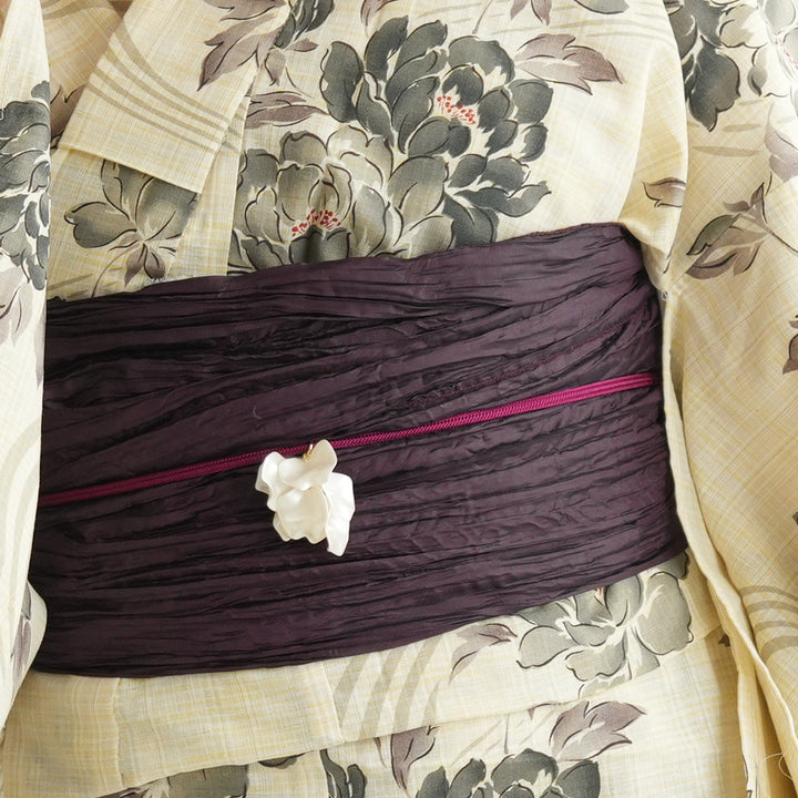 utatane 浴衣 兵児帯 下駄 3点セット 牡丹 浴衣 3点セット（浴衣/兵児帯/下駄） 白 灰色系 牡丹 花 大柄