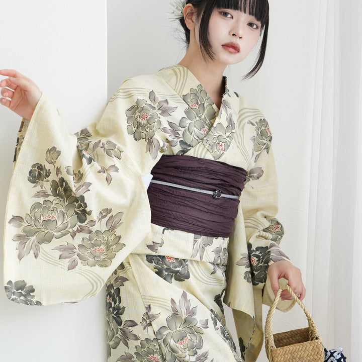浴衣3点セット（浴衣/帯/下駄） 綿麻 ゆかた フリーサイズ 儚い牡丹