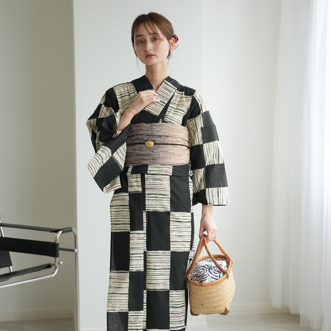 【2025年製 新品】 & 着物 夏 しじら織り 古典高級 浴衣清楚黒 綿麻 呉服店購入浴衣 着物・浴衣
