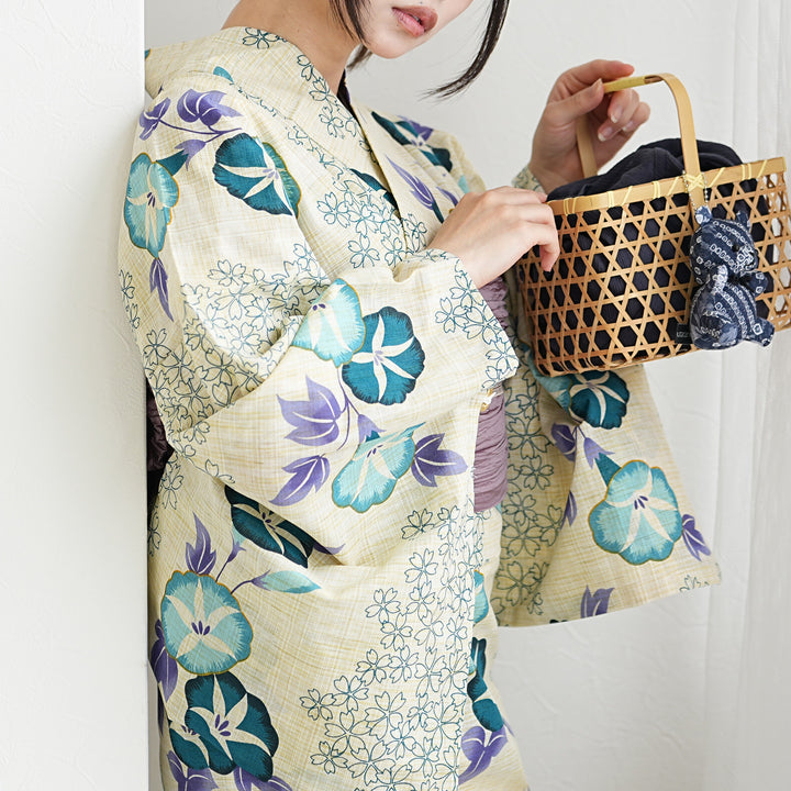 utatane 綿麻 ゆかた フリーサイズ 水色の朝顔、下駄付き 浴衣3点