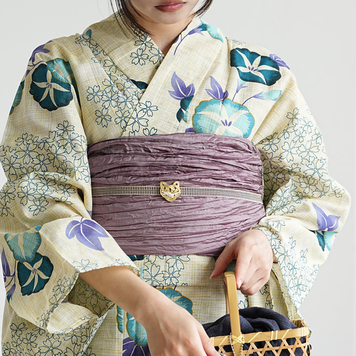 utatane 綿麻 ゆかた フリーサイズ 水色の朝顔、下駄付き 浴衣3点セット（浴衣/帯/下駄） 綿麻 ゆかた フリーサイズ（身長155