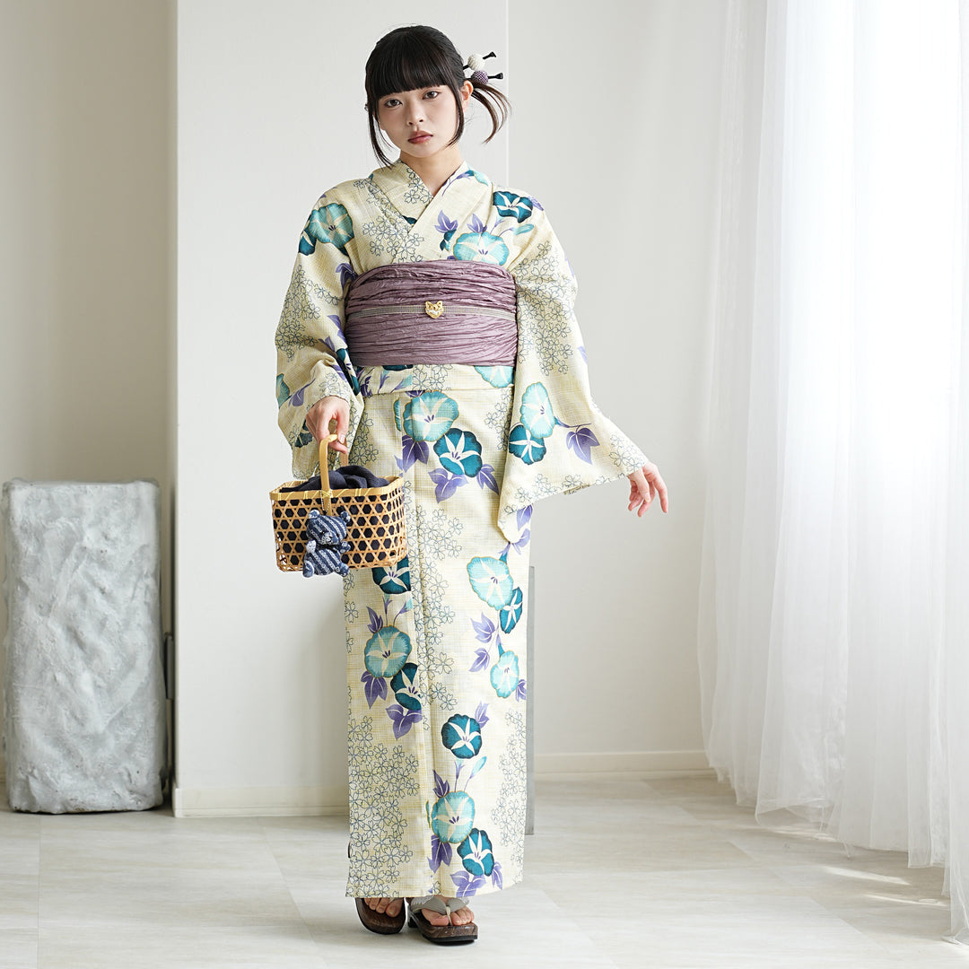 utatane 綿麻 ゆかた フリーサイズ 水色の朝顔、下駄付き 浴衣3点セット（浴衣/帯/下駄） 綿麻 ゆかた フリーサイズ（身長155