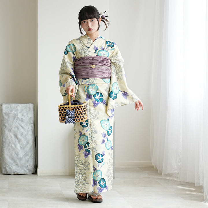 utatane 綿麻 ゆかた フリーサイズ 水色の朝顔、下駄付き 浴衣3点セット（浴衣/帯/下駄） 綿麻 ゆかた フリーサイズ（身長155
