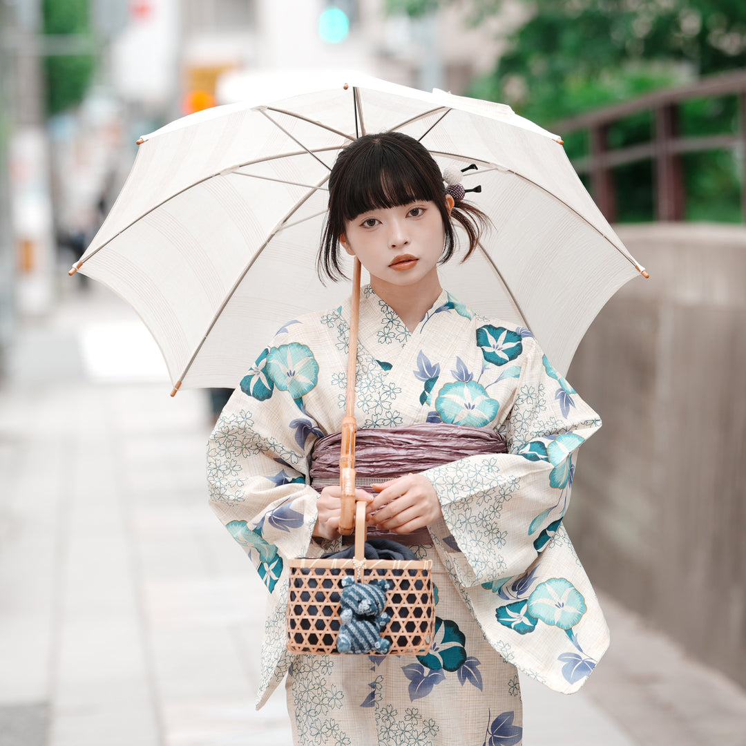 utatane 綿麻 ゆかた フリーサイズ 水色の朝顔、下駄付き 浴衣3点セット（浴衣/帯/下駄） 綿麻 ゆかた フリーサイズ（身長155