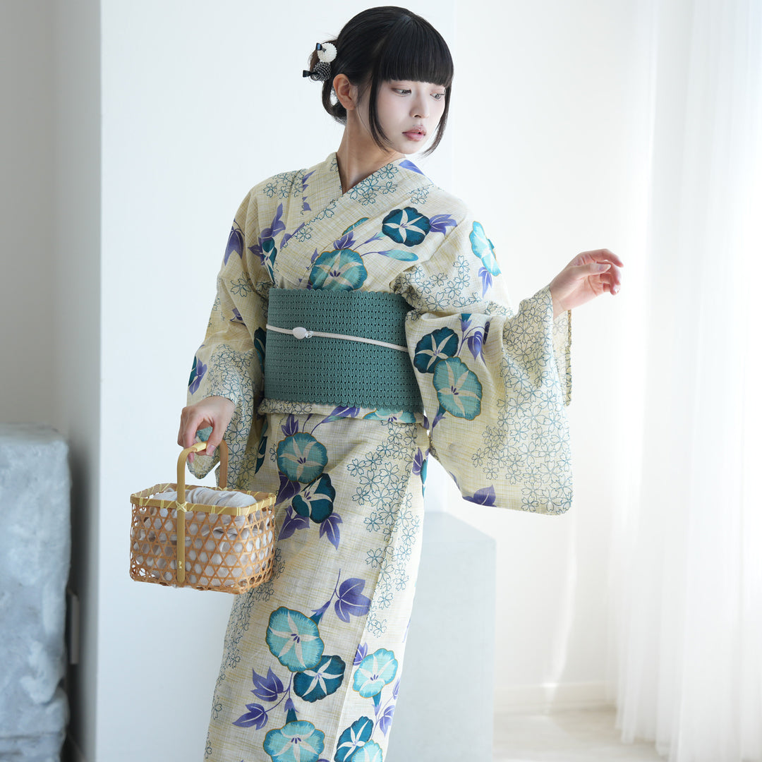 綿麻 浴衣3点セット（浴衣・帯・下駄）先染めベージュ 水色の朝顔