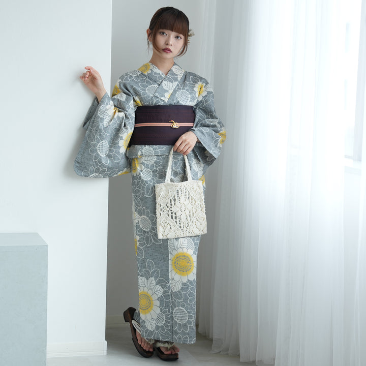 utatane×注染工房 浴衣3点セット（浴衣・帯・下駄）赤坂紬 上品グレー