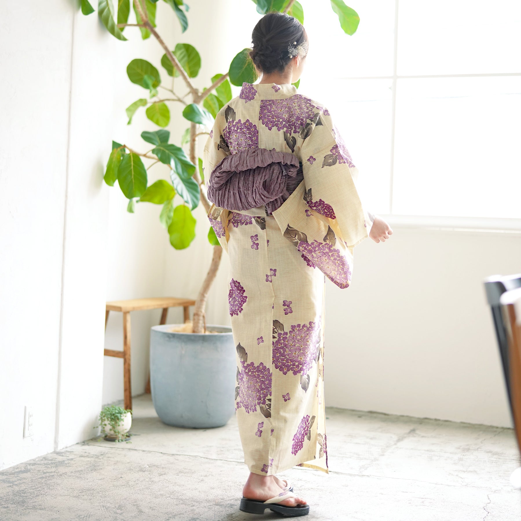 新品☆呉服屋♪綿麻・上品な藤紫 スレンダー夏着物 浴衣３点セット
