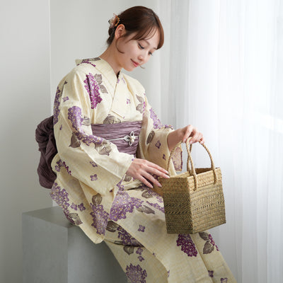 浴衣3点セット（浴衣/帯/下駄） 綿麻 ゆかた フリーサイズ ラベンダーの紫陽花 （5010105611）
