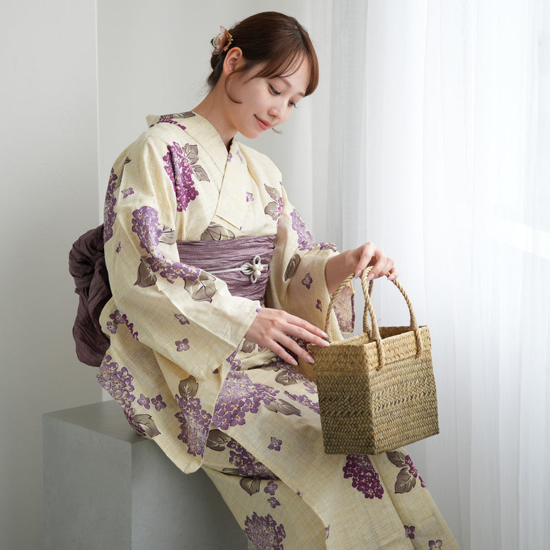 浴衣3点セット（浴衣/帯/下駄） 綿麻 ゆかた フリーサイズ ラベンダーの紫陽花 （5010105611）