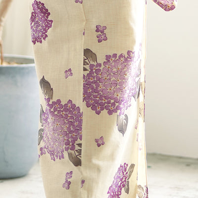 浴衣3点セット（浴衣/帯/下駄） 綿麻 ゆかた フリーサイズ ラベンダーの紫陽花 （5010105611）