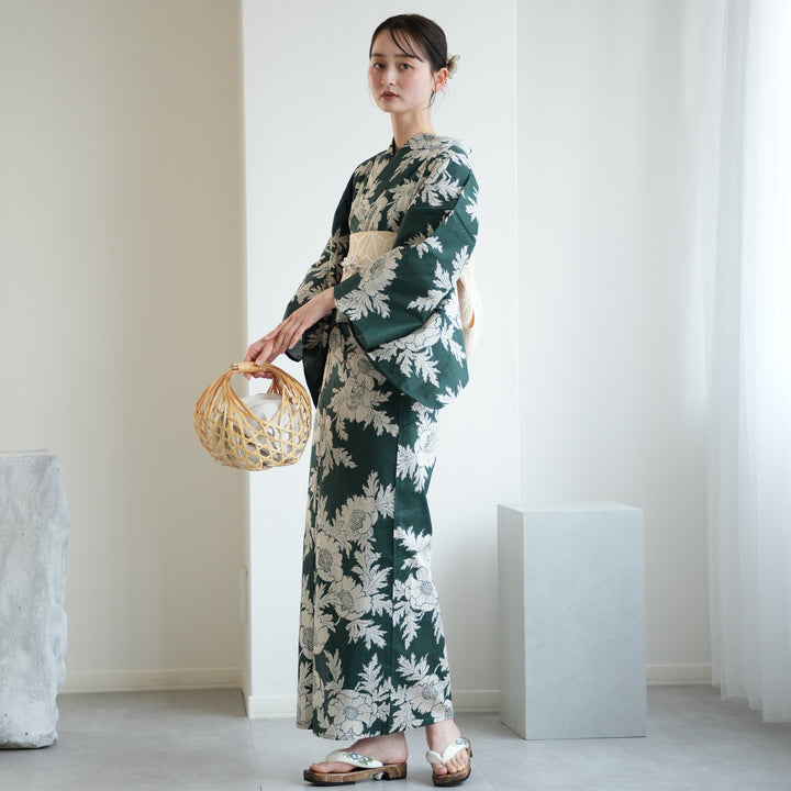utatane セパレート 二部式浴衣3点セット 渋緑にアネモネ utatane｜utatane セパレート 二部式浴衣3点セット 渋緑に