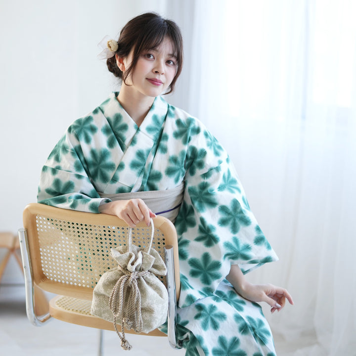 有松絞り浴衣　雪花　伝統的工芸品新品 新品 有松絞り浴衣 雪花絞り 緑 - からん::アンティーク着物