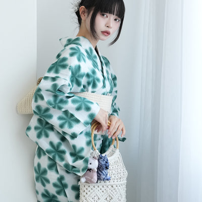 有松絞り 浴衣3点セット ( ゆかた・帯・下駄 ) 雪花絞り グリーン