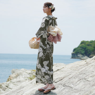 浴衣3点セット（浴衣/帯/下駄） utatane ゆかた フリーサイズ（身長155-165cm）モダン抹茶に小菊（5010209711）