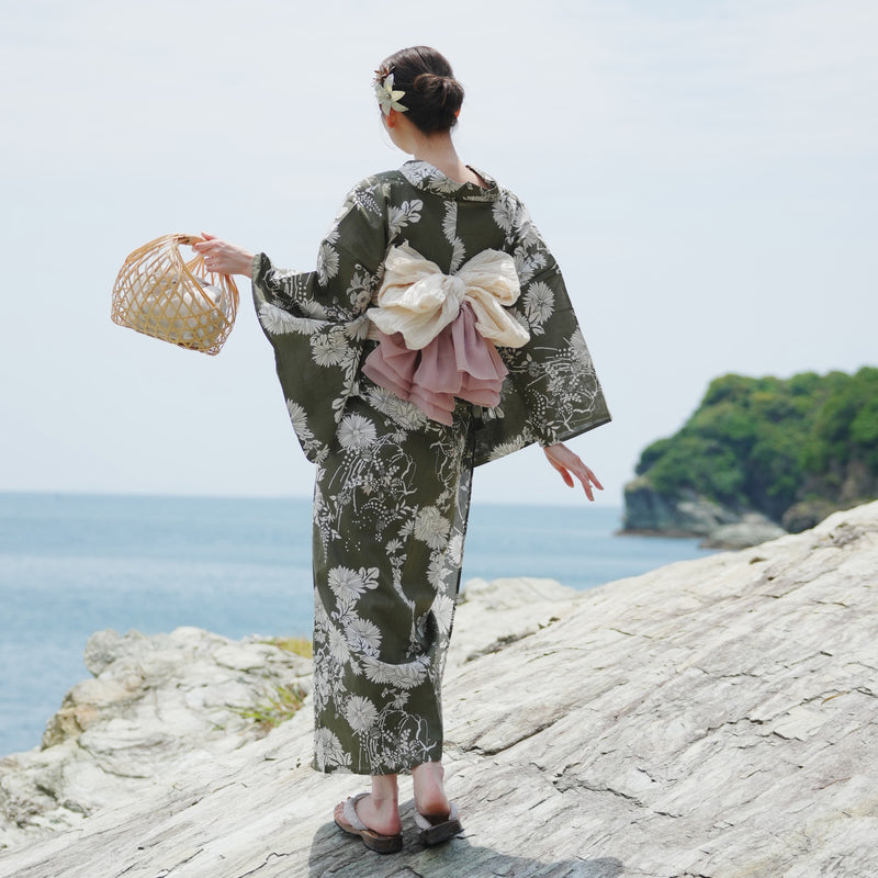 浴衣3点セット（浴衣/帯/下駄） utatane ゆかた フリーサイズ（身長155-165cm）モダン抹茶に小菊（5010209711）