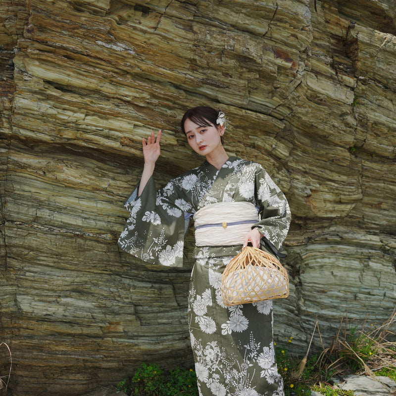 浴衣3点セット（浴衣/帯/下駄） utatane ゆかた フリーサイズ（身長155-165cm）モダン抹茶に小菊（5010209711）