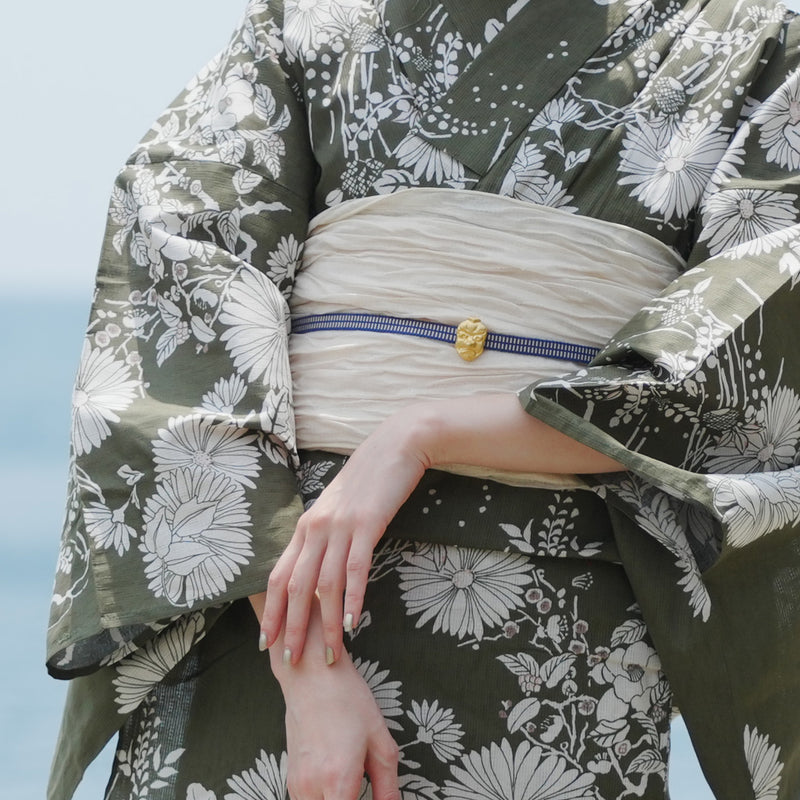 浴衣3点セット（浴衣/帯/下駄） utatane ゆかた フリーサイズ（身長155-165cm）モダン抹茶に小菊（5010209711）