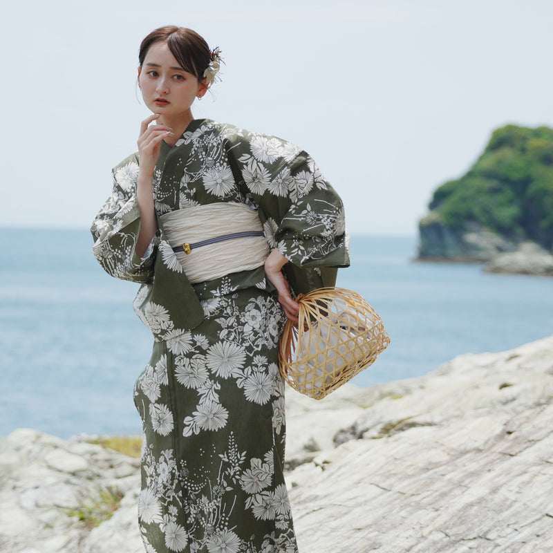 浴衣3点セット（浴衣/帯/下駄） utatane ゆかた フリーサイズ（身長155-165cm）モダン抹茶に小菊（5010209711）