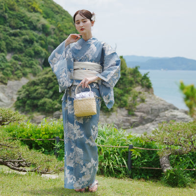 浴衣3点セット（浴衣/帯/下駄） utatane ゆかた フリーサイズ（身長155-165cm）鈍ミントに糸菊と花（5010213111）