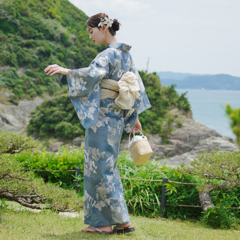 浴衣3点セット（浴衣/帯/下駄） utatane ゆかた フリーサイズ（身長155-165cm）鈍ミントに糸菊と花（5010213111）