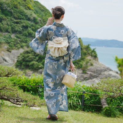 浴衣3点セット（浴衣/帯/下駄） utatane ゆかた フリーサイズ（身長155-165cm）鈍ミントに糸菊と花（5010213111）