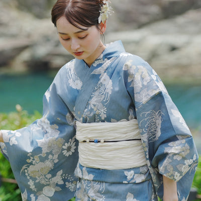 浴衣3点セット（浴衣/帯/下駄） utatane ゆかた フリーサイズ（身長155-165cm）鈍ミントに糸菊と花（5010213111）