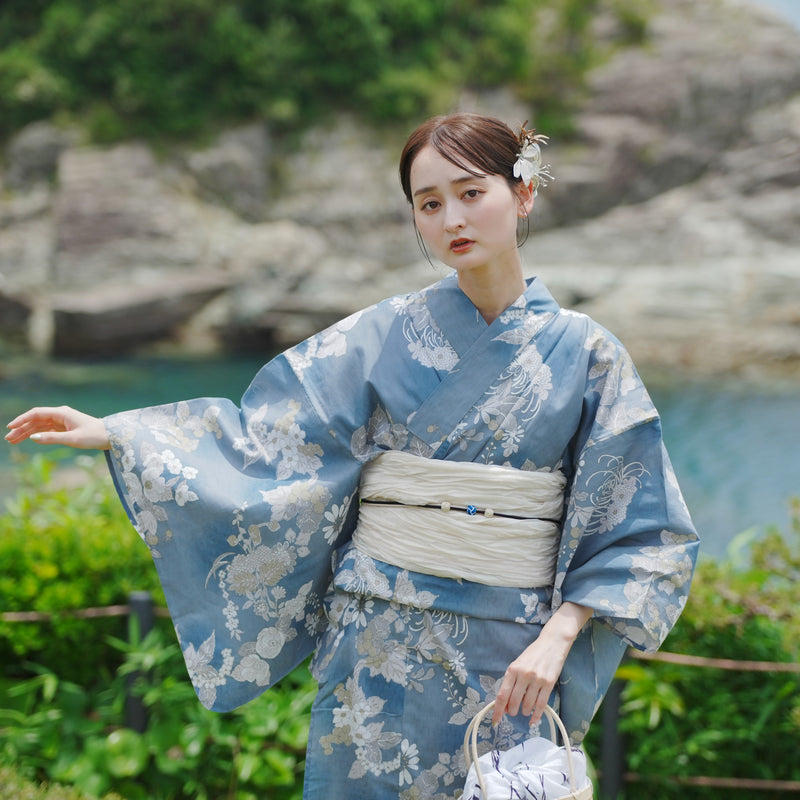 浴衣3点セット（浴衣/帯/下駄） utatane ゆかた フリーサイズ（身長155-165cm）鈍ミントに糸菊と花（5010213111）